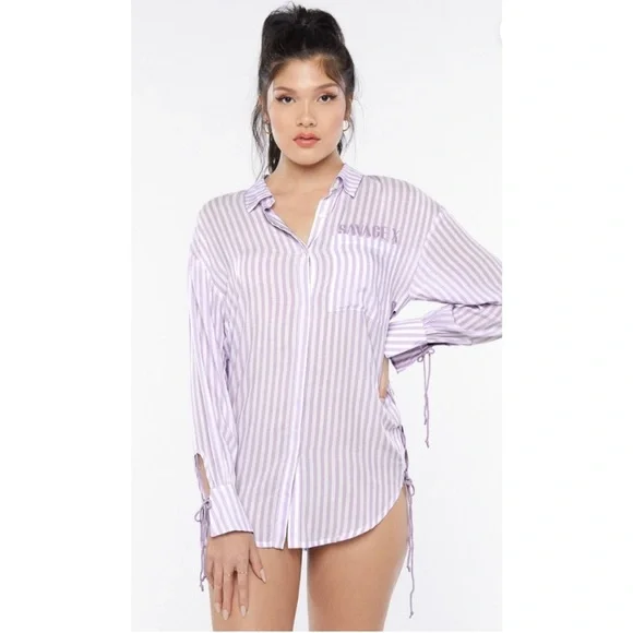 Savage X Fenty COASTAL STRIPE WOVEN VOILE SLEEP SHIRT size medium NWOT - Picture 4 of 10